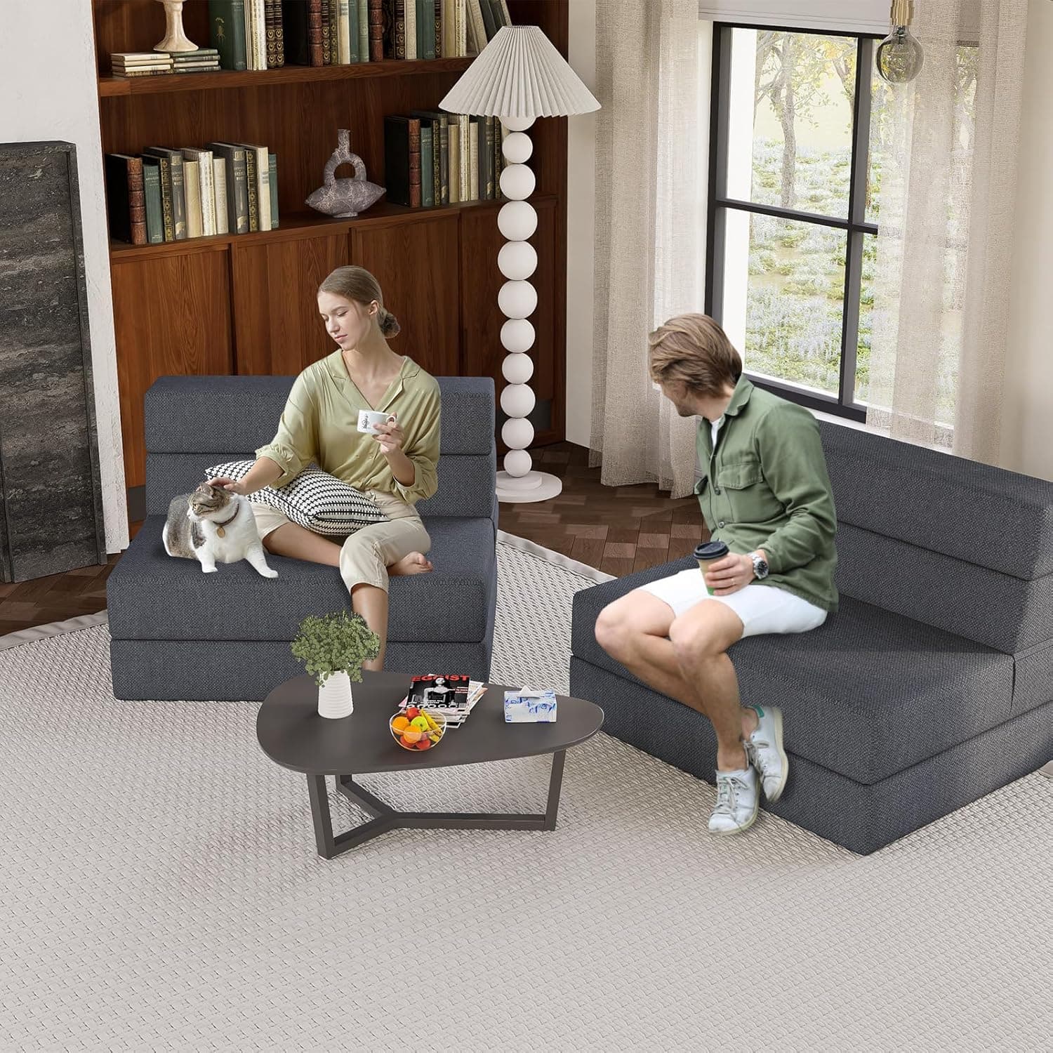 Folding Sofa Bed, Accent Chair Bed Convertible Floor Couch, Futon Chair for Adults with Washable Cover, 28D Memory Foam for Bedroom, Living Room, Office Napping, Gray (loveseat)