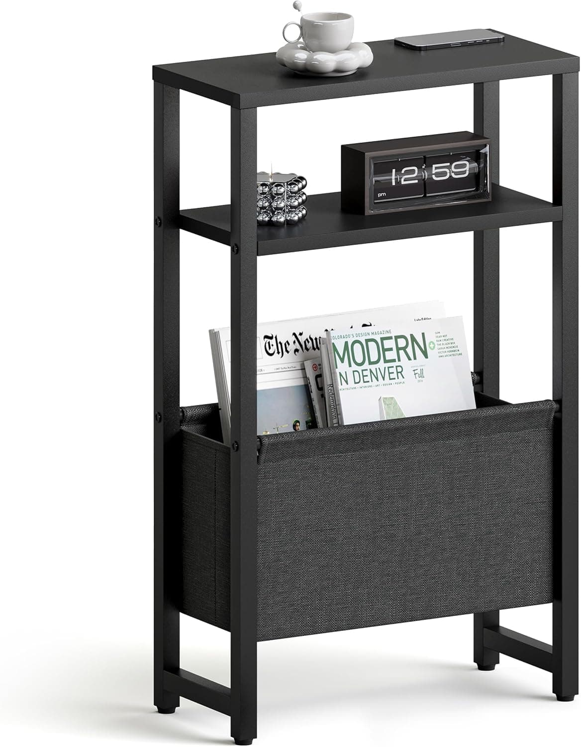 Narrow Side Table, Slim End Table with Magazine Rack, Bedside Table for Small Spaces, 3 Tier Sofa Couch Table Nightstand for Living Room, Bedroom Black LET503B