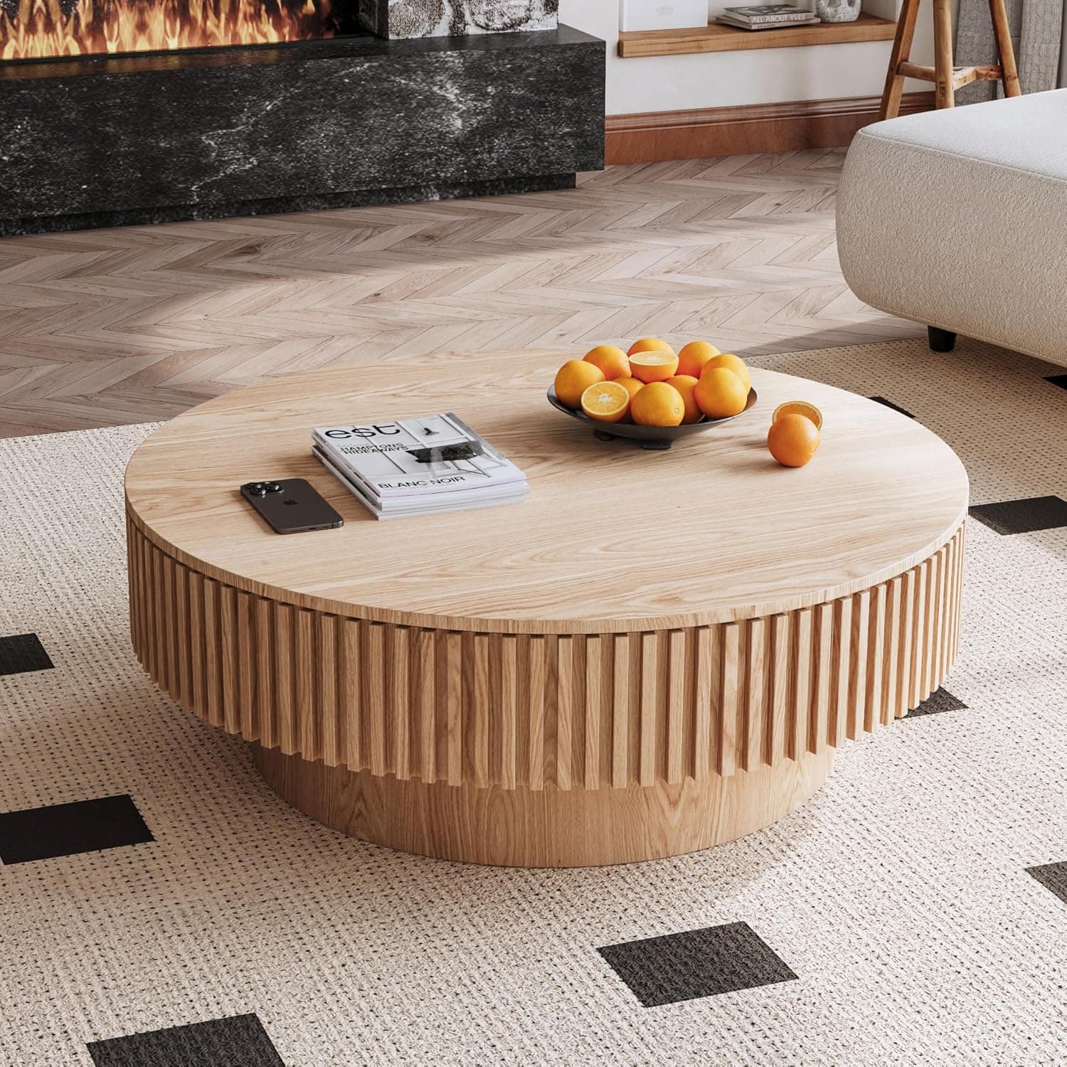 39'' Round Coffee Table with Storage, Modern Wooden Coffee Table with Solid Wood Veneered, Circle Center Table Accent Tea Table for Living Room Apartment Natural Wood