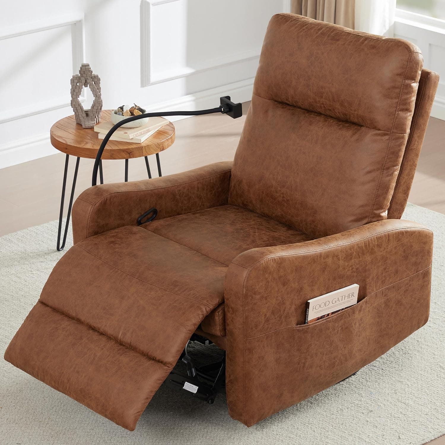 Oversized Leather Recliner Chair with Phone Holder, Swivel Rocking Reclining, Ergonomic Lazy Boy Recliner Chair with Lumbar Support, Manual Glider Sofa Chair for Living Room, RV, Brown