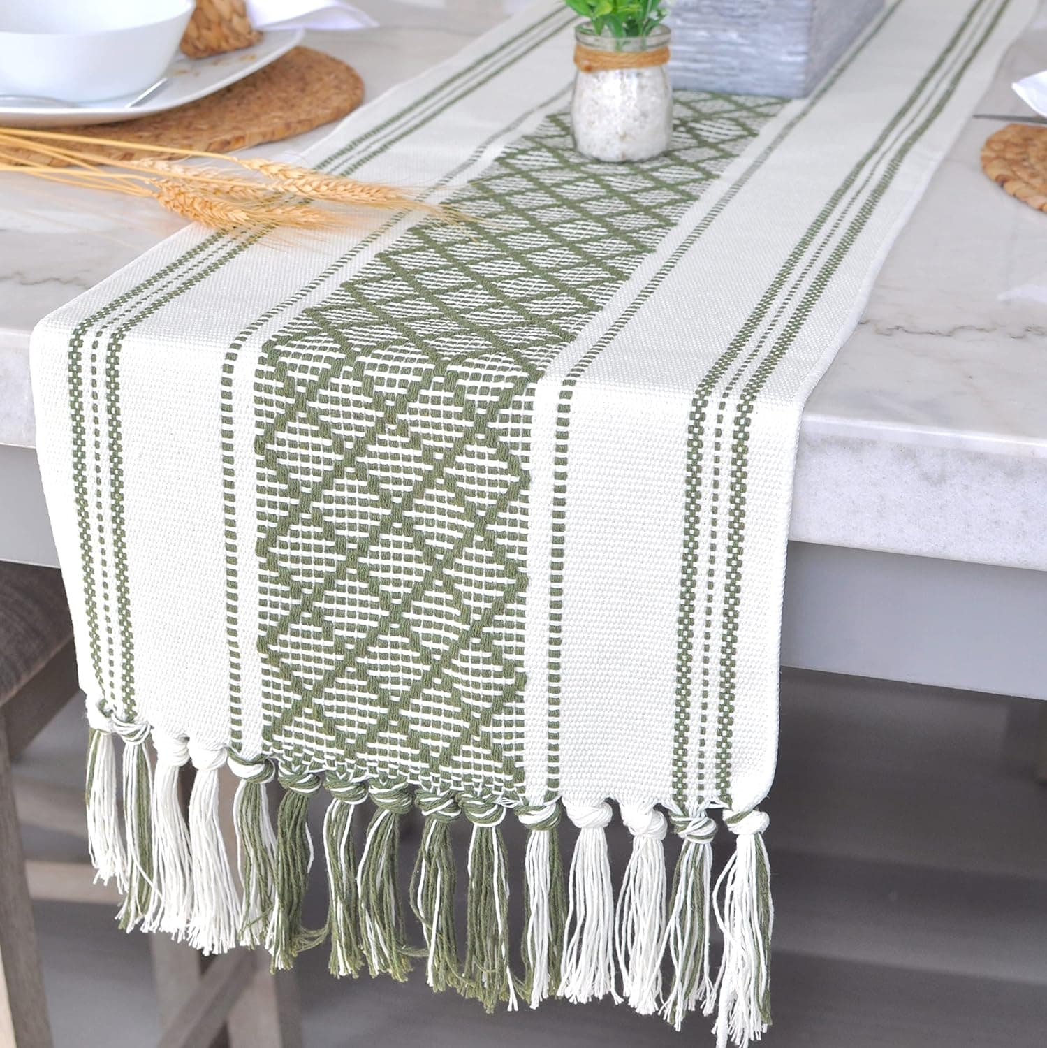 Boho Dining Table Runner with Fringe 14x72 Inches, Olive Green & Cream Checkered Pattern / Woven Washable Dresser Scarf for Bedroom, Farmhouse Console Tabletop Centerpiece Geometric Design Decor