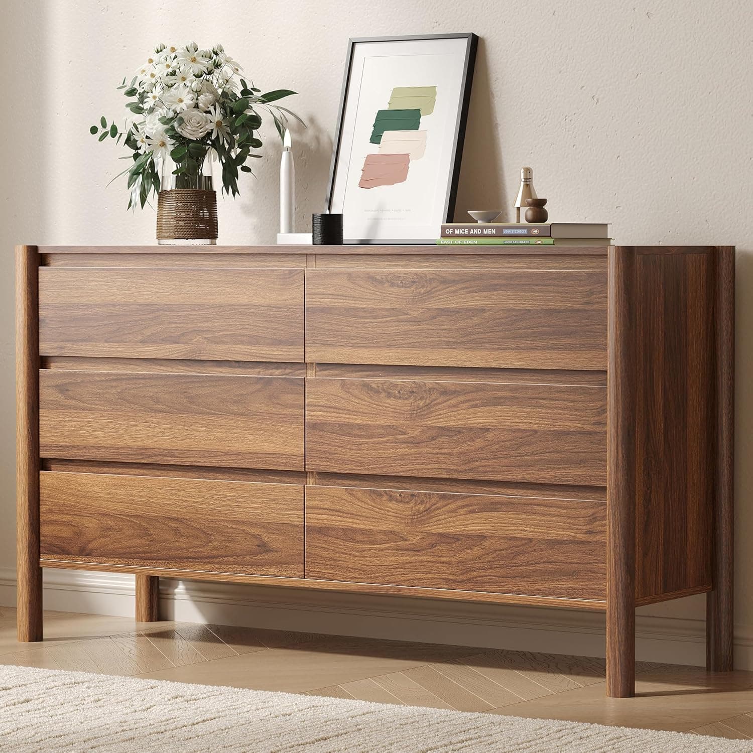 CHUWELL Dresser for Bedroom, 47" Wide Mid Century Modern Chest of Drawers with 6 Large Storage Space and 4 Solid Wood Cylindrical Legs, 6 Drawer Large Dresser for Bedroom(Walnut)