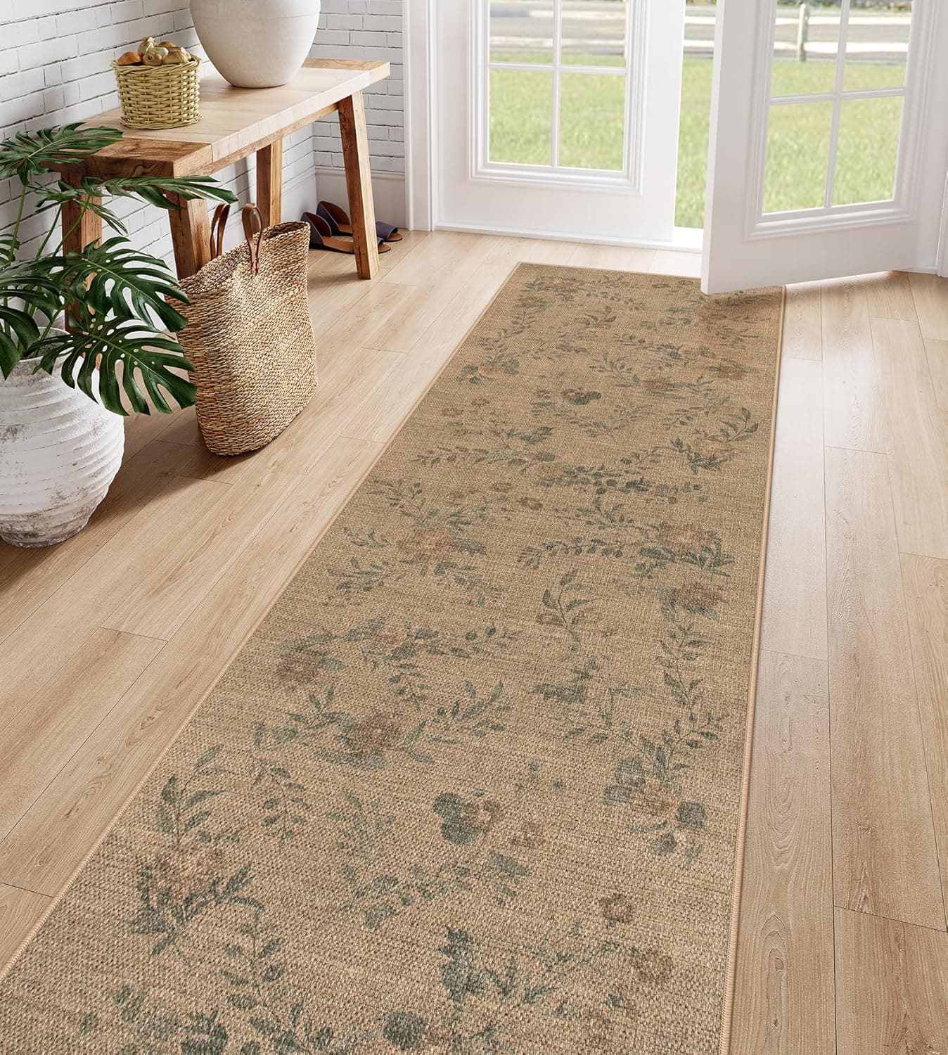 Lahome Floral Easy Jute Hallway Kitchen Runner Rug, 2x8 Outdoor Mat Non Slip Washable Carpet for Entryway, Neutral Indoor Outdoor Runner Rugs Farmhouse Carpet for Hallway 8ft