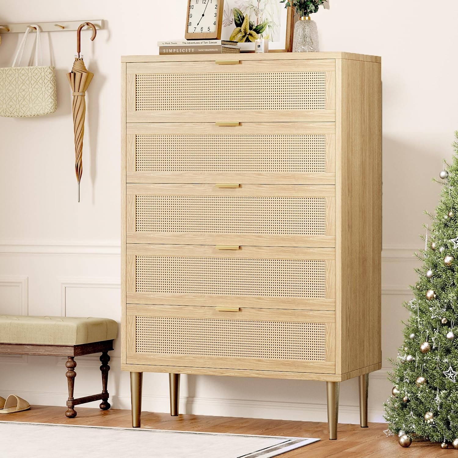 IDEALHOUSE Rattan 5 Drawer Dresser, 44''Tall Narrow Chest of Drawer, Farmhouse Wooden Vertical Dresser with Metal Legs and Handles, Modern Cabinet for Bedroom, Living Room, Oak