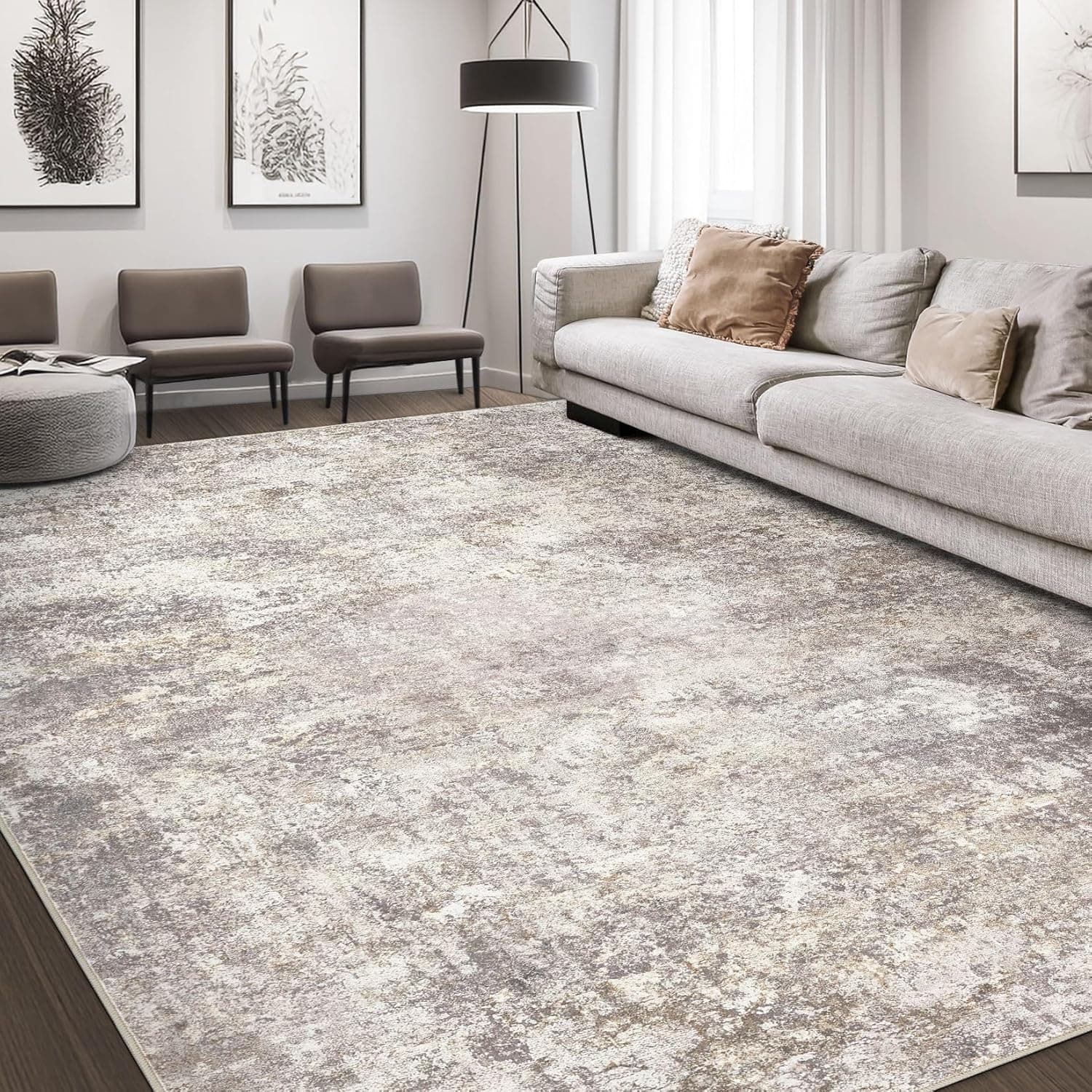 Area Rug Living Room Rugs - 6x9 Abstract Large Soft Indoor Washable Rug Neutral Modern Low Pile Carpet for Bedroom Dining Room Farmhouse Home Office - Brown