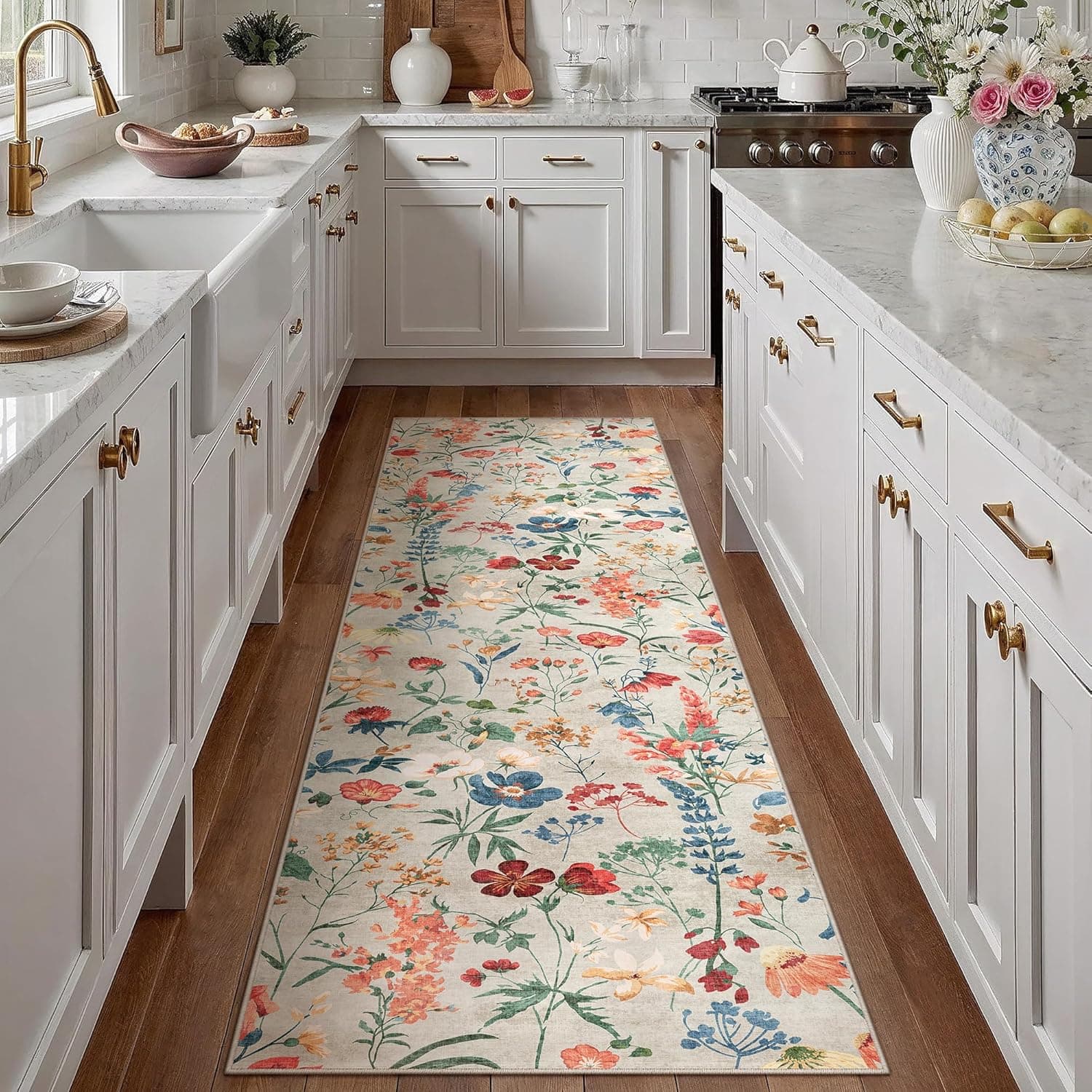Floral Runner Rug 2x8 Washable Hallway Long Beige Bedroom Carpet Non Slip Indoor Boho Kitchen Low Pile Accent Rug Lightweight Soft for Bathroom Dining Laundry Living Room
