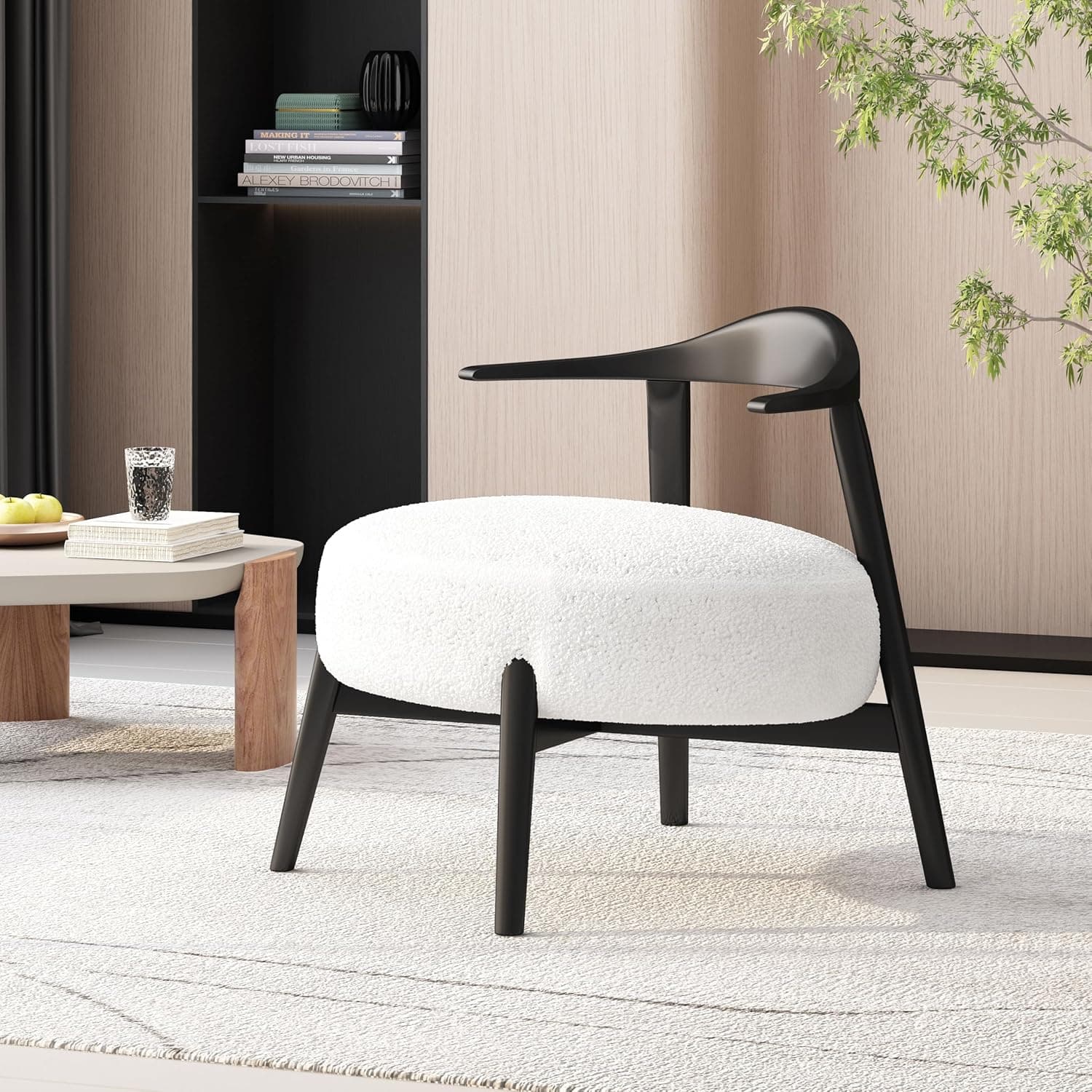 Christopher Knight Home Ipomoea Low-Back Accent Chair Side Chair, Modern Accent Chair,Mid-Century Upholstered Armchair with Curved Backrest, Bouclé Fabric,Birch Wood, White + Black