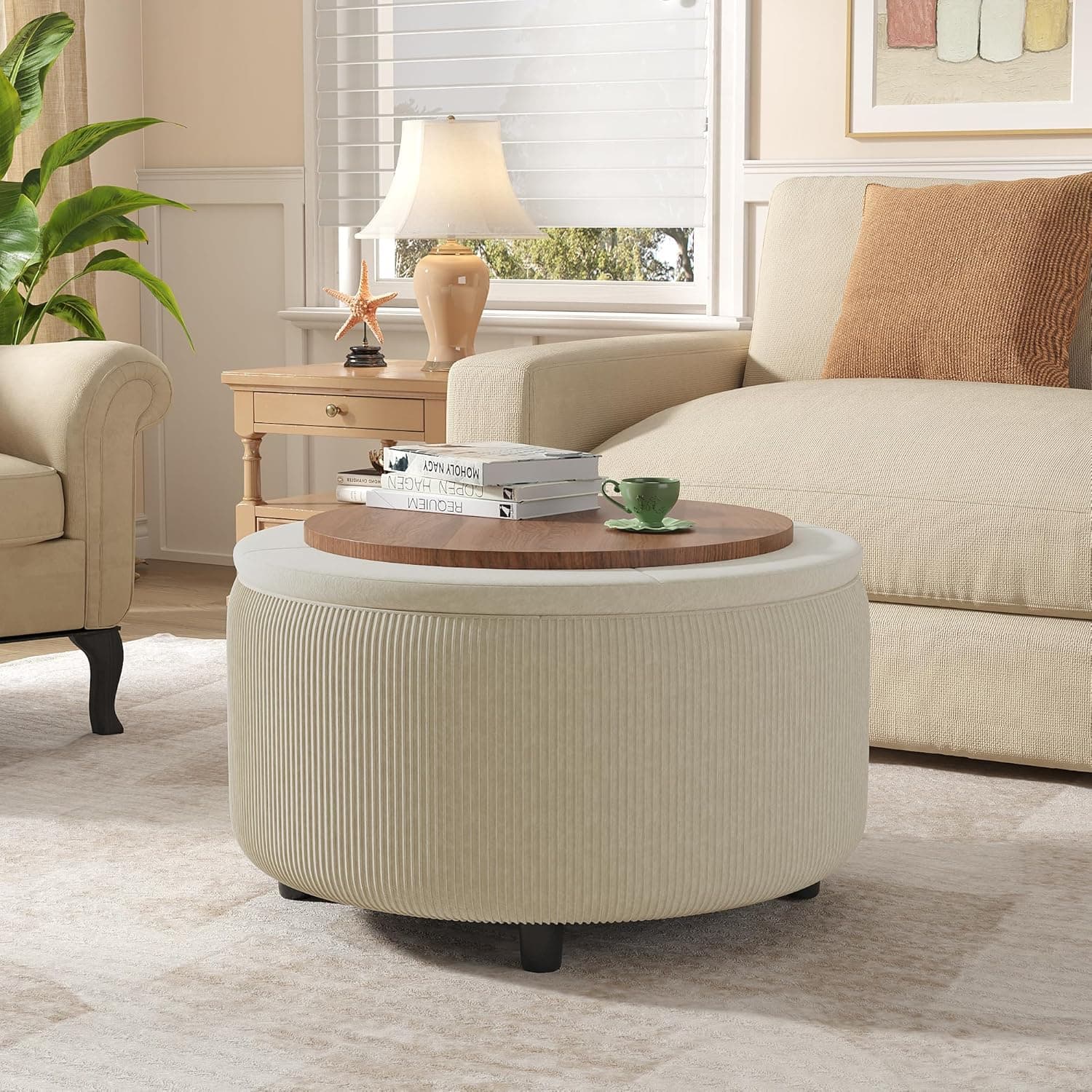 Vabches 30inch Round Storage Ottoman with Hidden Storage, Modern Ottoman Coffee Table with Removable Wood Top, Upholstered Foot Stool for Living Room, Sofa Side, Bedroom, Office (Beige, 30" W)