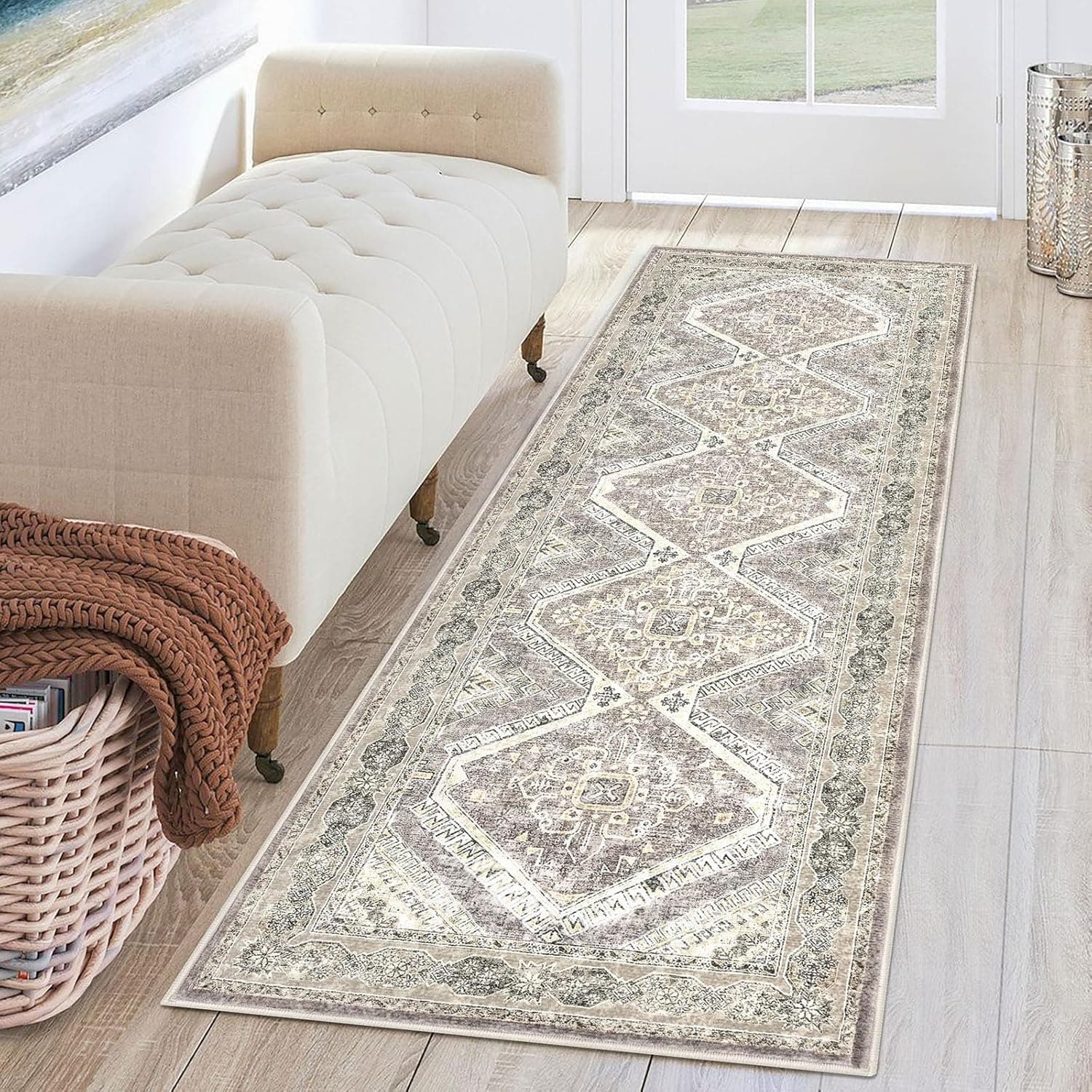 KUTA Oriental Washable Runner Rug, 2x6 Non-Slip Vintage Ivory Grey Yellow Hallway Kitchen Runners Ultra Soft Printed Distressed Tribal Floor Carpet Rugs for Laundry Bedroom Living Room